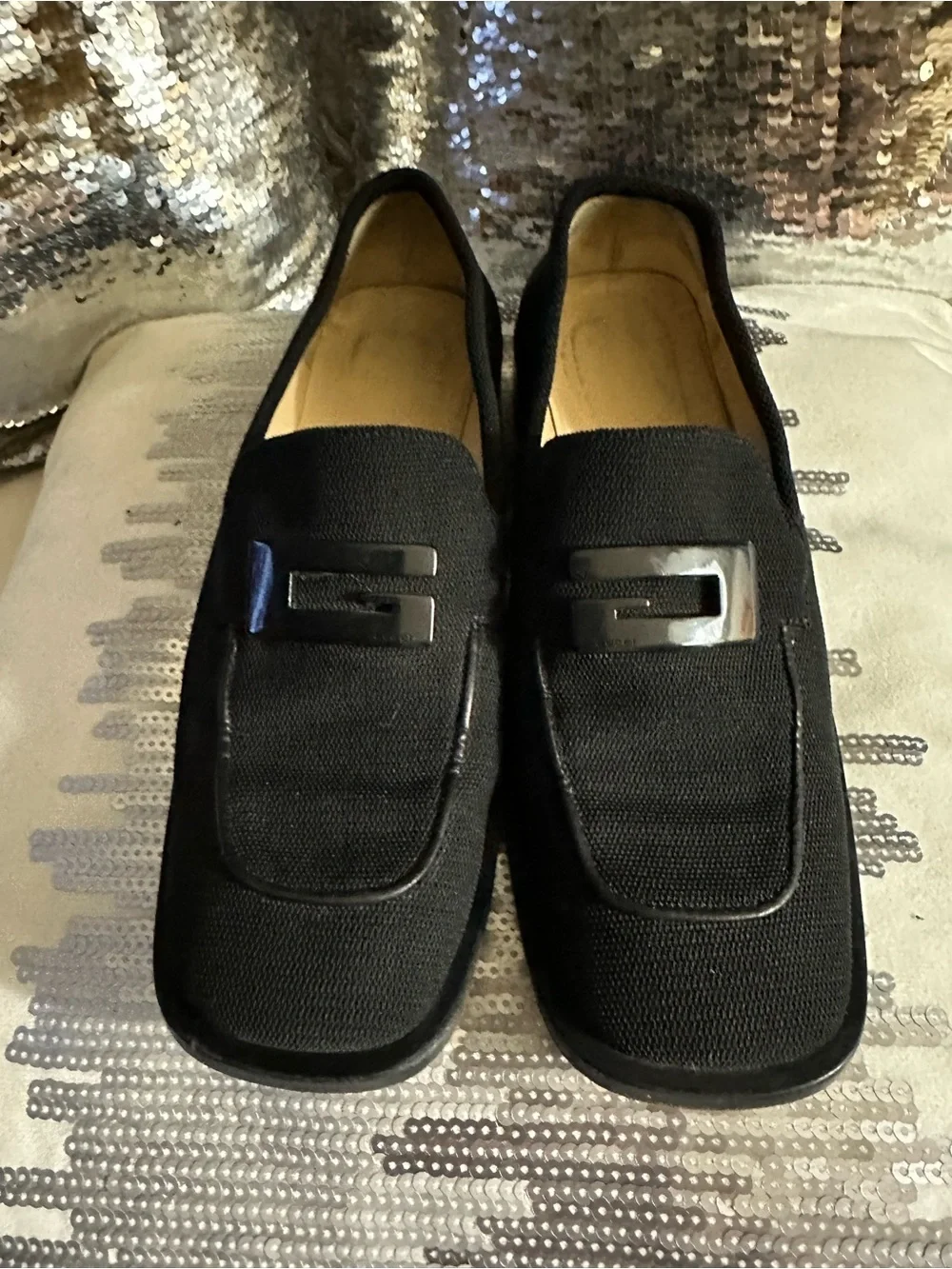 Gucci Black Slip-On Loafers with Dark Silver Buckle
